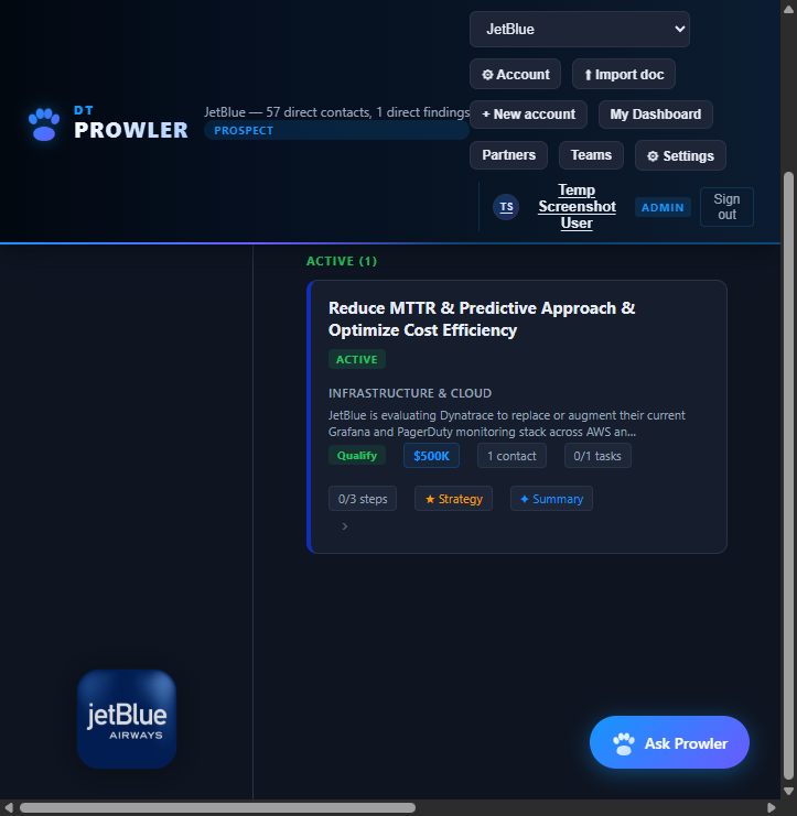 JetBlue opportunity board with AI strategy and summary actions
