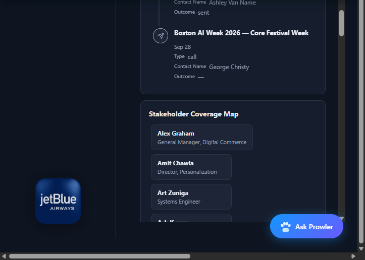prowlerDEV-generated JetBlue QBR page — engagement timeline