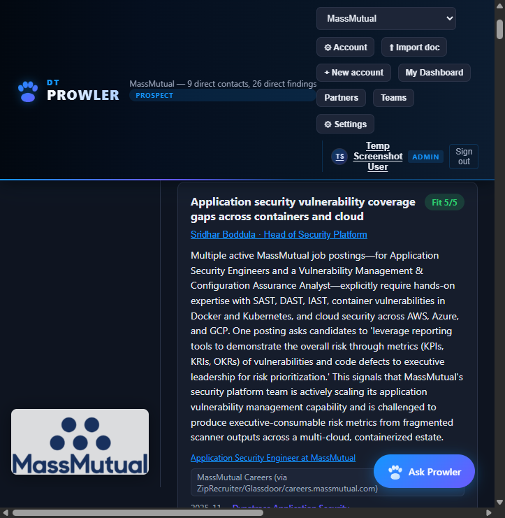 Prowler AI-ranked findings for MassMutual, showing fit scores and evidence